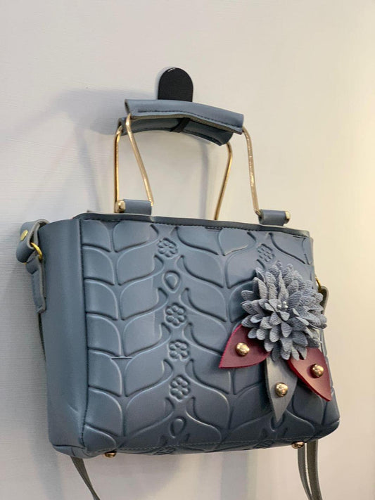 Stylish Women's Grey and Blue Textured Rexine Hand Bag