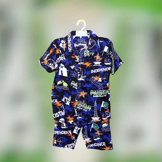 2 Pcs Boy's Dhanak Printed Shirt And Shorts Set