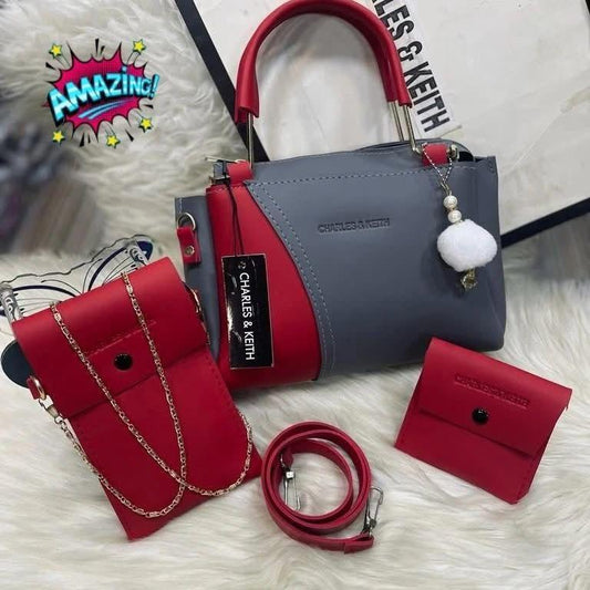 Chic Girl's 3 Pcs Rexine Hand Bag Set - Trendy Plain Design