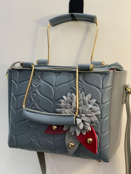 Stylish Women's Grey and Blue Textured Rexine Hand Bag