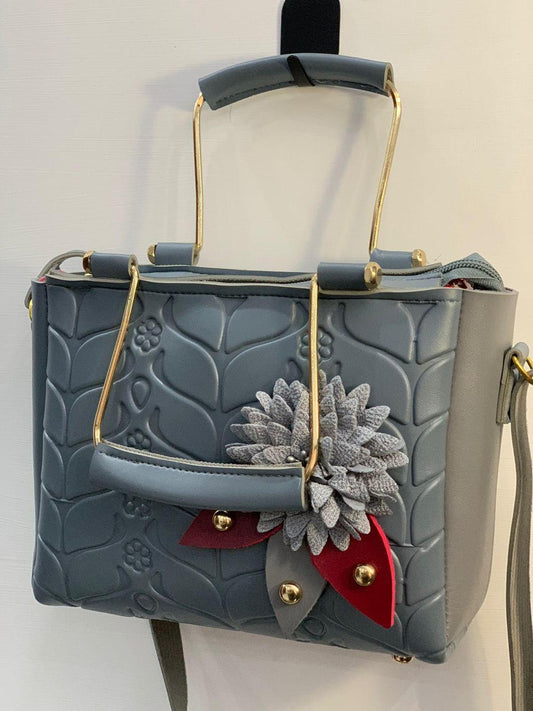 Stylish Women's Grey and Blue Textured Rexine Hand Bag