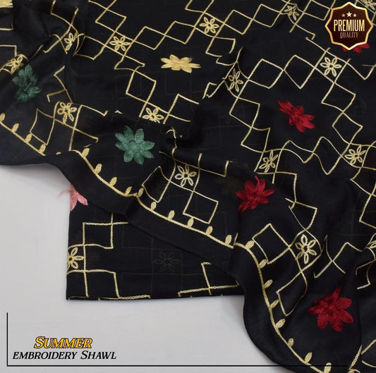 Stylish Black Embroidered Shawl - Swiss Lawn Fabric - 1 Pcs